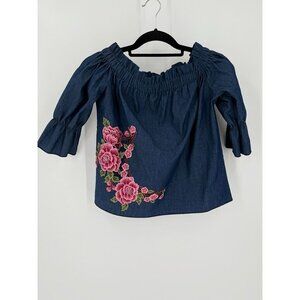A'gaci Ladies Floral Embroidered  Off The Shoulder Denim Top Size Small